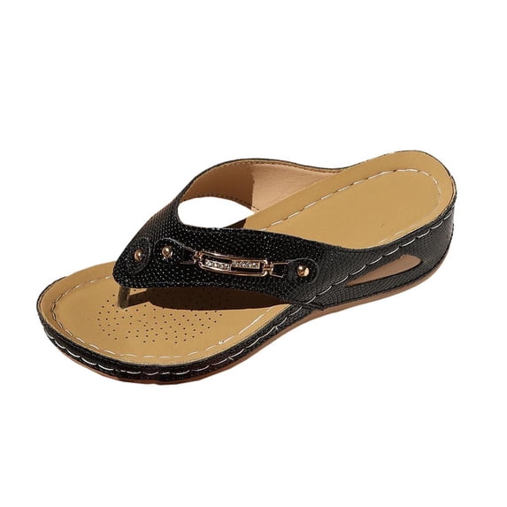 FRSASU Women's Orthopedic Walking Slippers with Arch Support, Hollow Wedge Sandals,Summer Dressy Casual Slip On Flip Flops Black