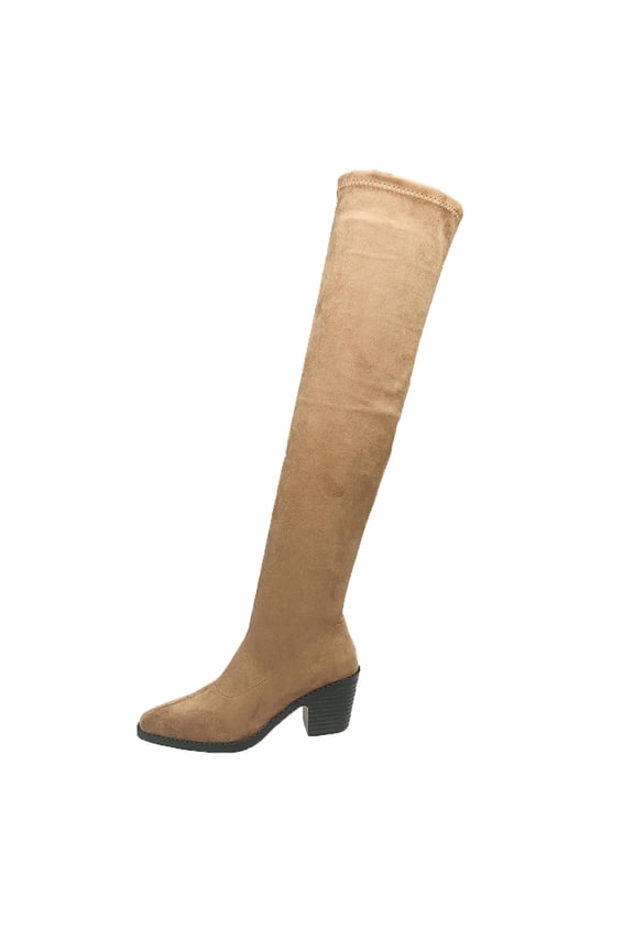Women's Over the Knee Boots Thigh High Suede Block Low Above Flat Long Comfort Pointed toe Boots Khaki