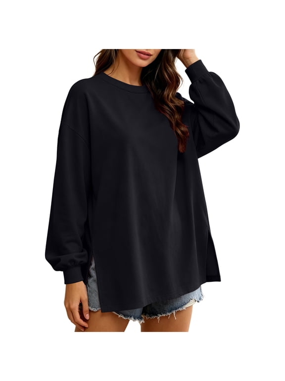 Women's Oversized Crew Neck Sweatshirts with Side Slit Casual Drop Shoulder Long Sleeve Pullover Tunic Tops Black