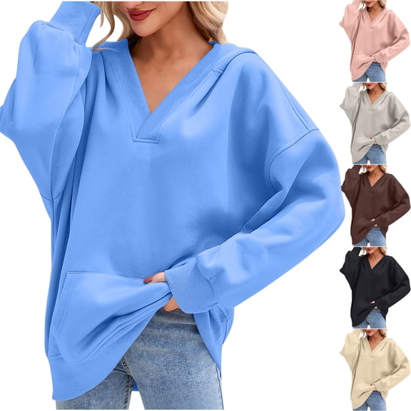 FRSASU Women's Oversized Hoodies V Neck Pullover Fleece Sweatshirt Long Sleeve with Pocket Solid Casual Winter Fall Top Sky Blue