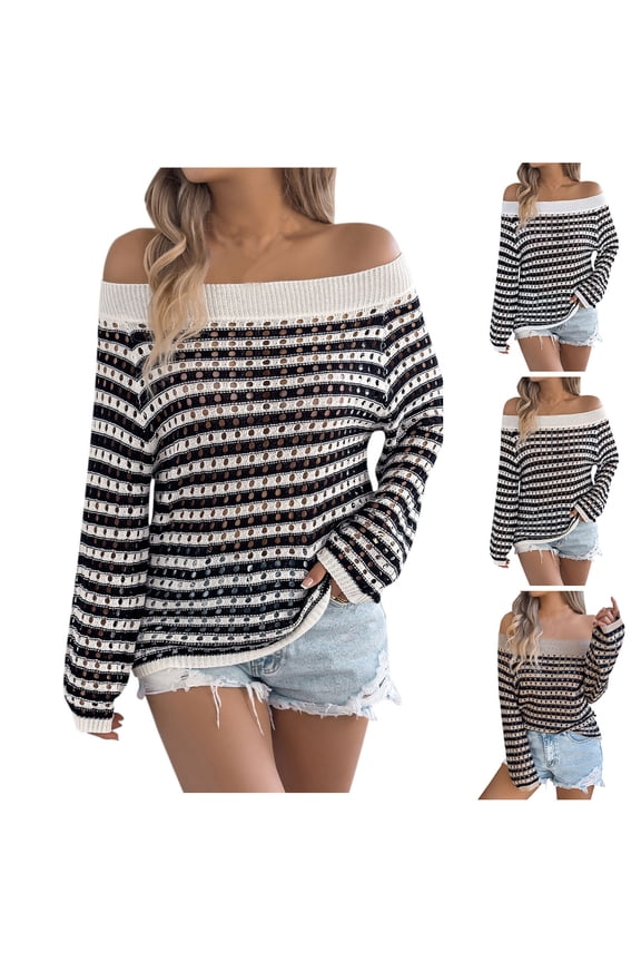 Women's Oversized Striped Sweater Casual off the Shoulder Sweater Long Sleeve Loose Knit Pullover Jumper Tops White