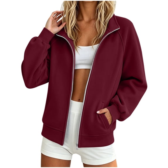 FRSASU Women's Oversized Sweatshirts Hoodless Stand Collar Zip Up Jackets Casual Long Sleeve Sweatshirt with Pockets Wine