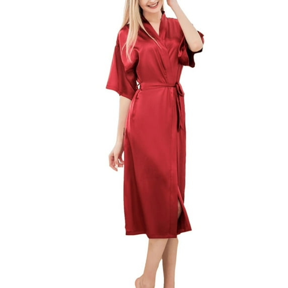 FRSASU Women's Pajama Dress Solid Color Home Wear V-neck Belt Half Sleeve Pajama Dress Red 12(XXL)