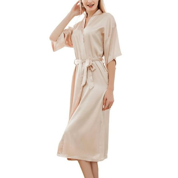 FRSASU Women's Pajama Dress Solid Color Home Wear V-neck Belt Half Sleeve Pajama Dress Rose Gold 10(XL)