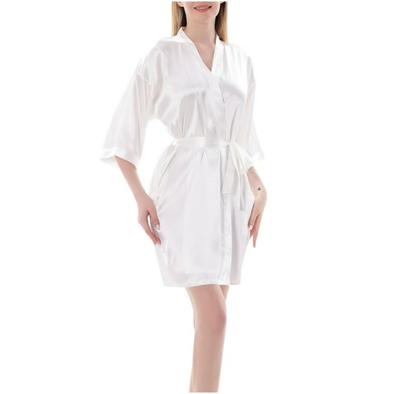 FRSASU Women's Pajama Dress Solid Color Home Wear V-neck Belt Half Sleeve Pajama Dress White 10(XL)