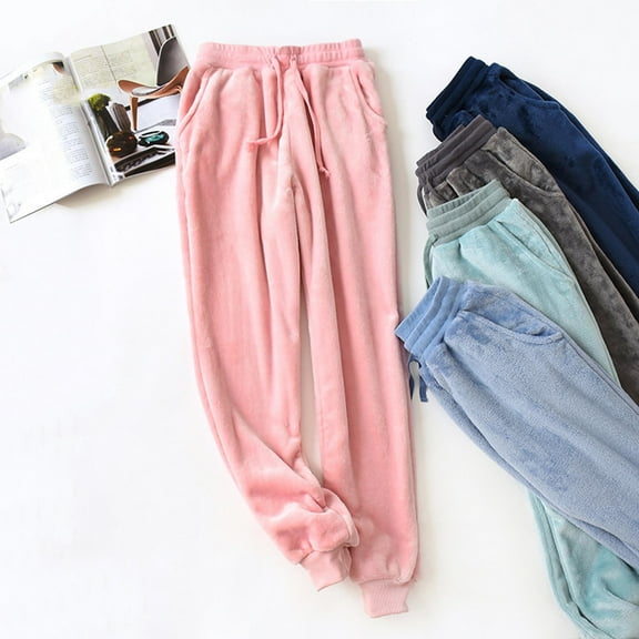 FRSASU Women's Pajama Pants Autumn/Winter Solid Color Soft Velvet Home Warm Straight Leg Lace up Casual Pants with Pockets Pink