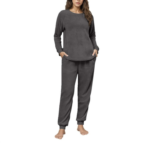 FRSASU Women's Pajama Set, 2 Piece Solid Lounge Outfits Sleepwear Fall Winter Round Neck Long Sleeve Long Pant with Pockets Ladies Pajamas Dark Gray