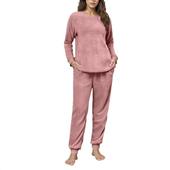 FRSASU Women's Pajama Set, 2 Piece Solid Lounge Outfits Sleepwear Fall Winter Round Neck Long Sleeve Long Pant with Pockets Ladies Pajamas Hot Pink