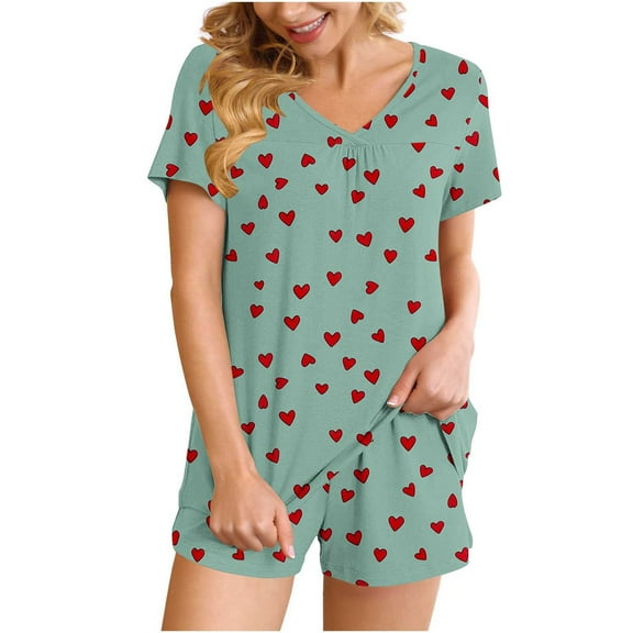 FRSASU Women's Pajamas Set 2 Piece Red Heart Print Short Sleeve V Neck Top with Shorts Sleepwear Casual Soft Loungewear Mint Green M(M)