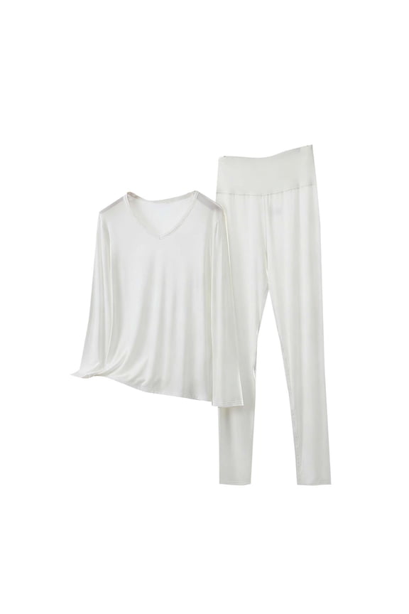 Women's Pajamas Set Fashion Solid Color V-Neck Long Sleeves T-Shirts Tops and Pj's Pants Home Casual Outfits White