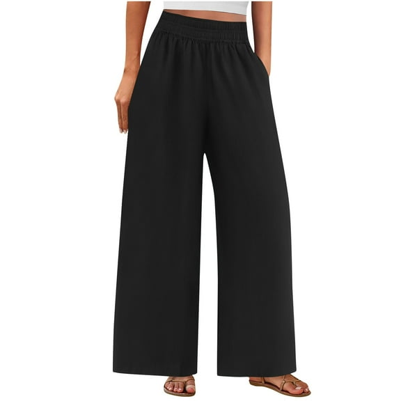 FRSASU Women's Palazzo Pants Dressy Solid Casual Wide Leg Slacks Elastic Waist Fashion Pants with Pockets Black