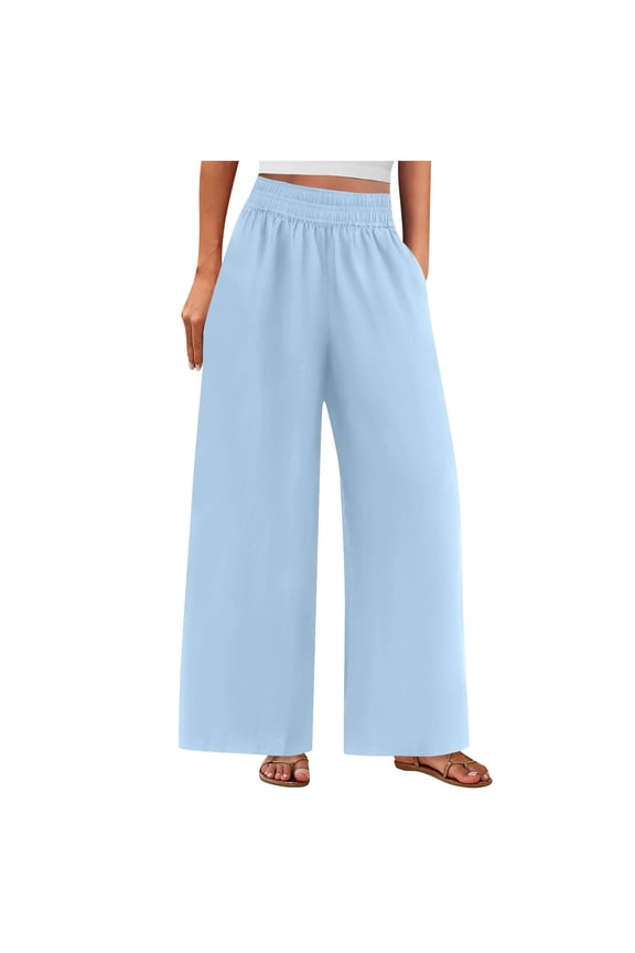 Women's Palazzo Pants Dressy Solid Casual Wide Leg Slacks Elastic Waist Fashion Pants with Pockets Blue