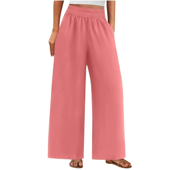 FRSASU Women's Palazzo Pants Dressy Solid Casual Wide Leg Slacks Elastic Waist Fashion Pants with Pockets Pink