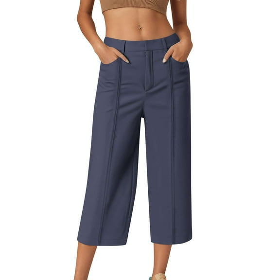 FRSASU Women's Pants Casual Solid Color Button Elastic Waist Fashion Loose Cropped Pants with Pockets Navy