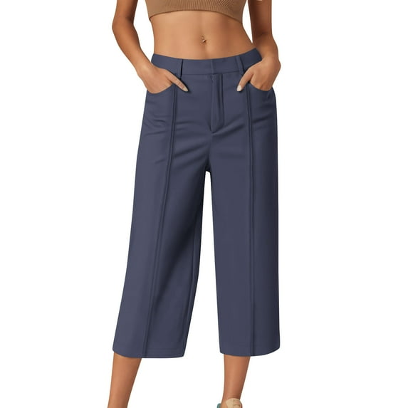 FRSASU Women's Pants Casual Solid Color Button Elastic Waist Fashion Loose Cropped Pants with Pockets Navy