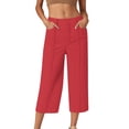 thumbnail image 1 of FRSASU Women's Pants Casual Solid Color Button Elastic Waist Fashion Loose Cropped Pants with Pockets Red, 1 of 6