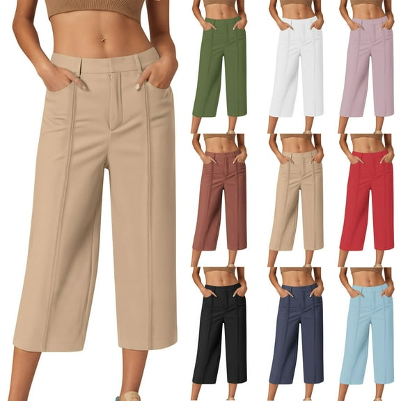 FRSASU Women's Pants Casual Solid Color Button Elastic Waist Fashion Loose Cropped Pants with Pockets White