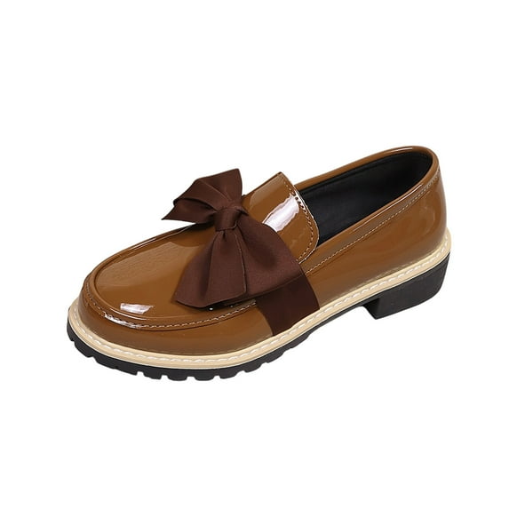 FRSASU Women's Patent Leather Bow Loafer sComfort Round Toe Slip On Anti Slip Low Chunky Heel Penny Casual Dressy Loafers Brown