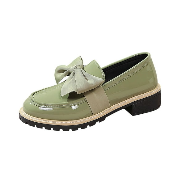 FRSASU Women's Patent Leather Bow Loafer sComfort Round Toe Slip On Anti Slip Low Chunky Heel Penny Casual Dressy Loafers Green