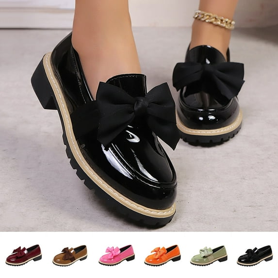 FRSASU Women's Patent Leather Bow Loafer sComfort Round Toe Slip On Anti Slip Low Chunky Heel Penny Casual Dressy Loafers Wine