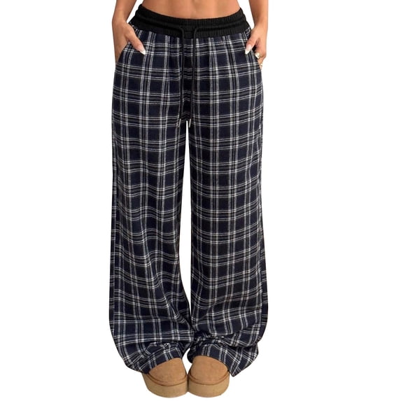 FRSASU Women's Plaid Checkered Pants Drawstring Lounge Wide Leg Baggy Sweatpants Elastic Waist Pant with Pockets Navy