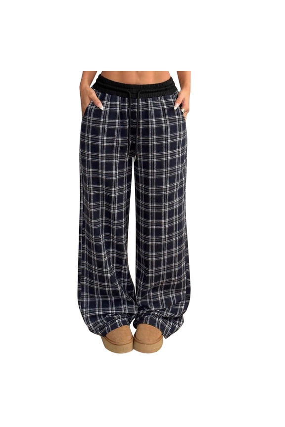 Women's Plaid Checkered Pants Drawstring Lounge Wide Leg Baggy Sweatpants Elastic Waist Pant with Pockets Navy