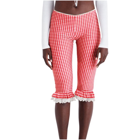 FRSASU Women's Plaid Lace Ruffled Hem Elastic Elastic Casual Leggings Pants Red L(L)