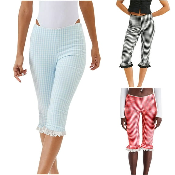 FRSASU Women's Plaid Lace Ruffled Hem Elastic Elastic Casual Leggings Pants Red XL(XL)