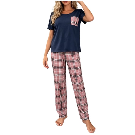 FRSASU Women's Plaid Pajama Sets 2 Pieces Summer Short Sleeve Tops and Long Pants Casual Comfy Pjs Lounge Set with Pocket Blue