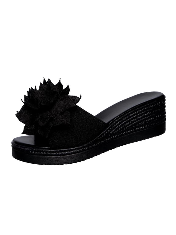 Women's Platform Sandals Comfortable Open Toe Slip On Slippers with Flower Flip Lightweight Walking Beach Vacation Shoes Black