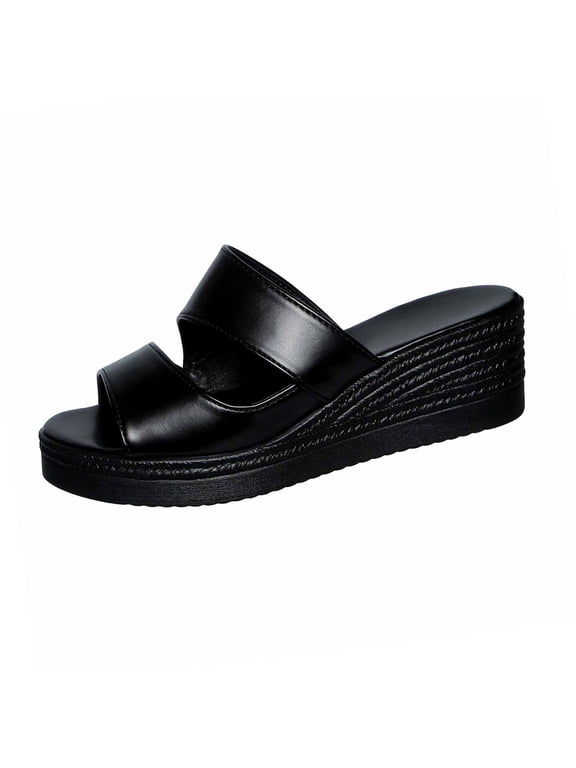 Women's Platform Wedge Sandals Comfortable Slip-On Open-Toe Sandals Outdoor Non-Slip Two Band Sandals Slippers Black