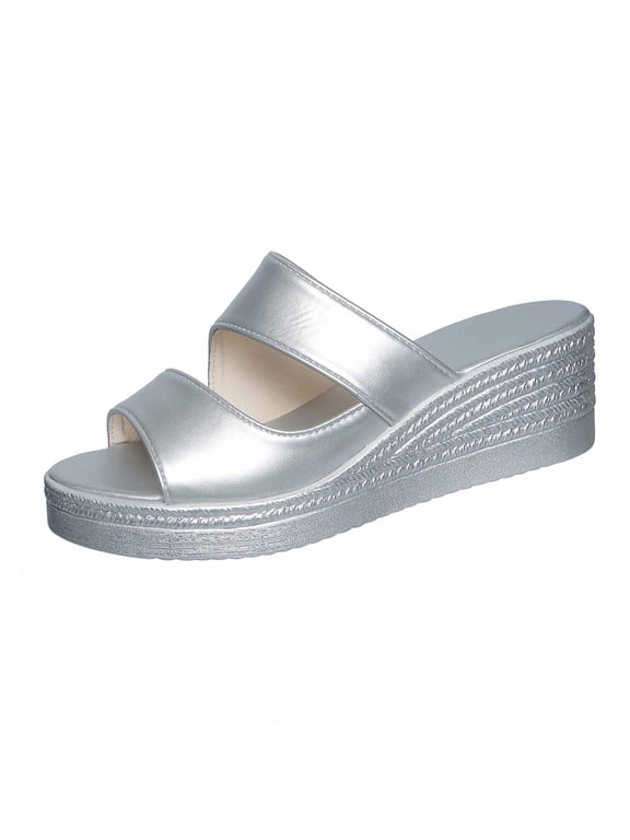 Women's Platform Wedge Sandals Comfortable Slip-On Open-Toe Sandals Outdoor Non-Slip Two Band Sandals Slippers Silver