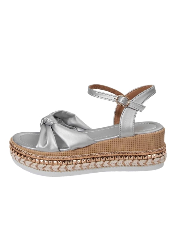 Women's Platform Wedge Sandals,Orthopedic Open Toe Backless Slingback Strappy Sandal with Twist Knot Bow Comfy Ladies Shoes Silver