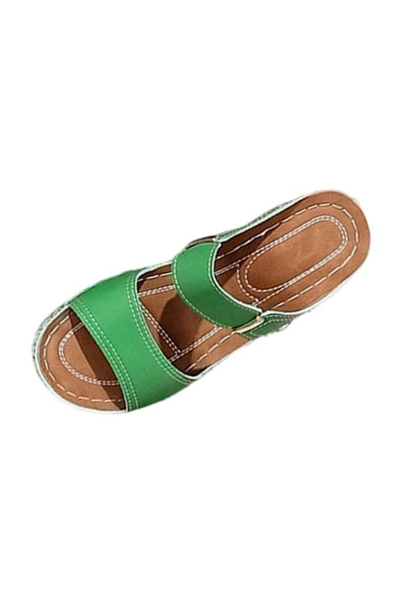 Women's Platforms Wedge Sandals Leather Double Straps Open Toe Chunky Heel Slip Shoes for Summer Beach Vacation Walking Green