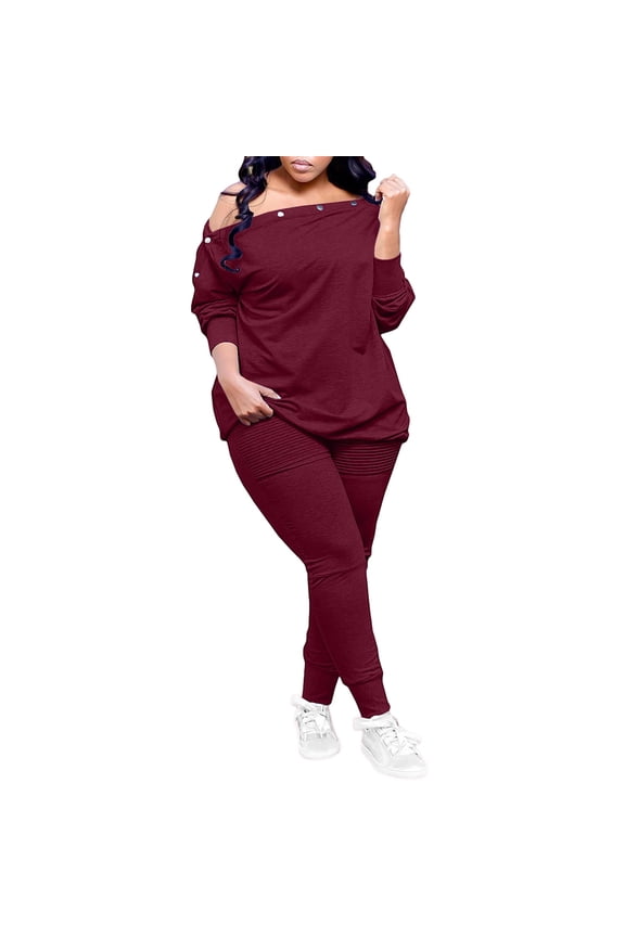 Women's Pleated Casual Suit,Solid Color Irregular Single Breasted Top and High Waist Wide Leg Lace up Pants Set Wine S(S)