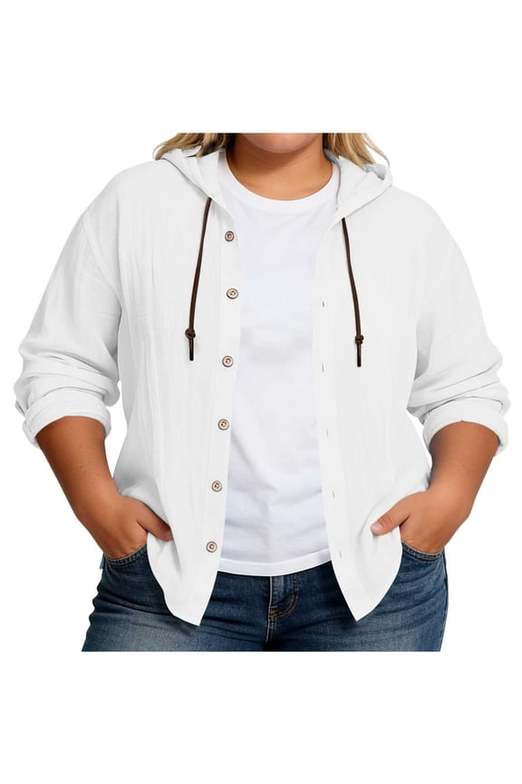 Women's Plus Size Cotton Linen Hoodies Button Down Solid Long Sleeve Gauze Shirts Lightweight Swimsuit Beach Coverups White