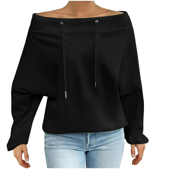 FRSASU Women's Plus Size Sweatshirt Solid Color off Shoulder Fashionable Loose Casual Long Sleeved Hoodless Top Black XXXL(XXXL)