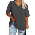 thumbnail image 1 of FRSASU Women's Plus Size V-Neck T-Shirts Short Sleeve Solid Casual Summer Loose Fit Tees Dark Gray, 1 of 4