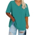 thumbnail image 1 of FRSASU Women's Plus Size V-Neck T-Shirts Short Sleeve Solid Casual Summer Loose Fit Tees Green, 1 of 4