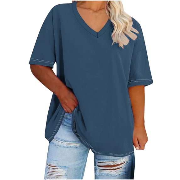 FRSASU Women's Plus Size V-Neck T-Shirts Short Sleeve Solid Casual Summer Loose Fit Tees Navy