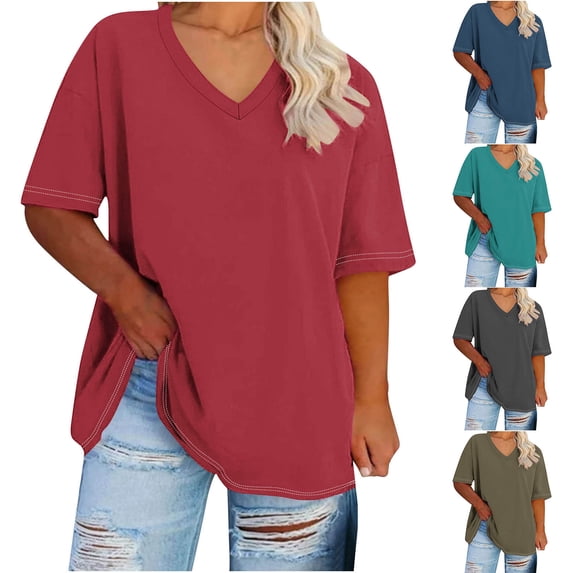 FRSASU Women's Plus Size V-Neck T-Shirts Short Sleeve Solid Casual Summer Loose Fit Tees Red