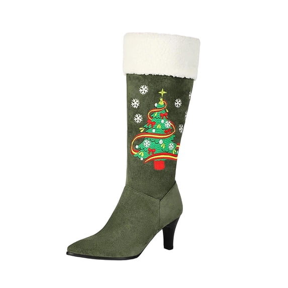 FRSASU Women's Pointed Toe Stiletto Mid Calf Boots, Christmas Tree & Snowflake Embroidery with Furry Top Cuff Green