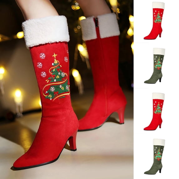 FRSASU Women's Pointed Toe Stiletto Mid Calf Boots, Christmas Tree & Snowflake Embroidery with Furry Top Cuff Red