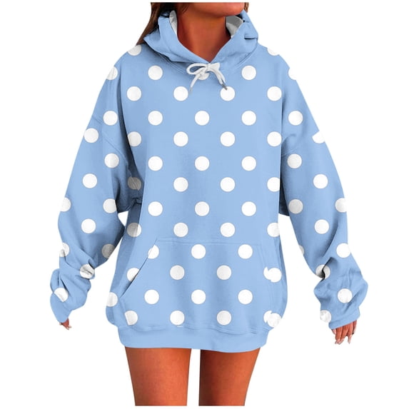 FRSASU Women's Polka Dot Print Hooded Sweatshirt Long Sleeved Casual Fashion Top with Pocket Light Blue XL(XL)