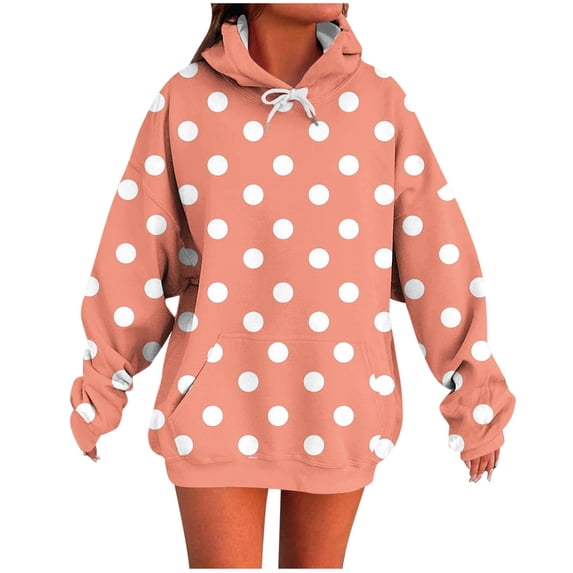 FRSASU Women's Polka Dot Print Hooded Sweatshirt Long Sleeved Casual Fashion Top with Pocket Orange XL(XL)