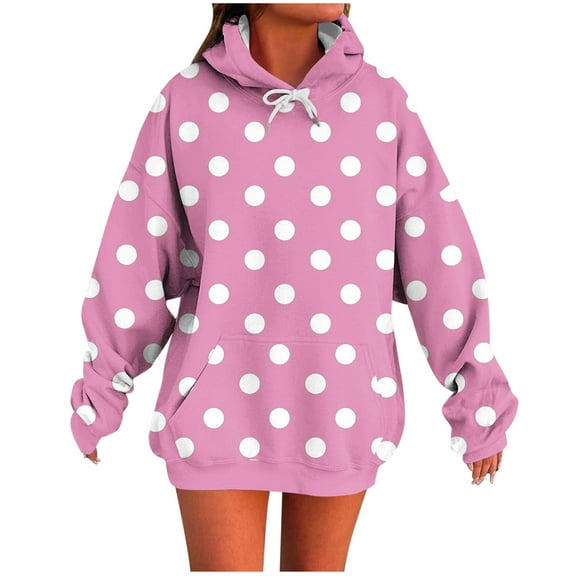 FRSASU Women's Polka Dot Print Hooded Sweatshirt Long Sleeved Casual Fashion Top with Pocket Pink M(M)