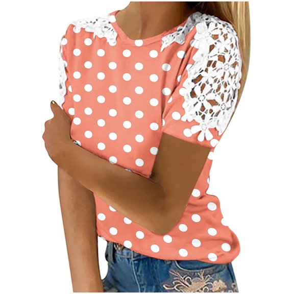 FRSASU Women's Polka Dot Shirts Cute Lace Crochet Patchwork Short Sleeve Blouses Elegant Dressy Crew Neck Tunic Top Summer Orange