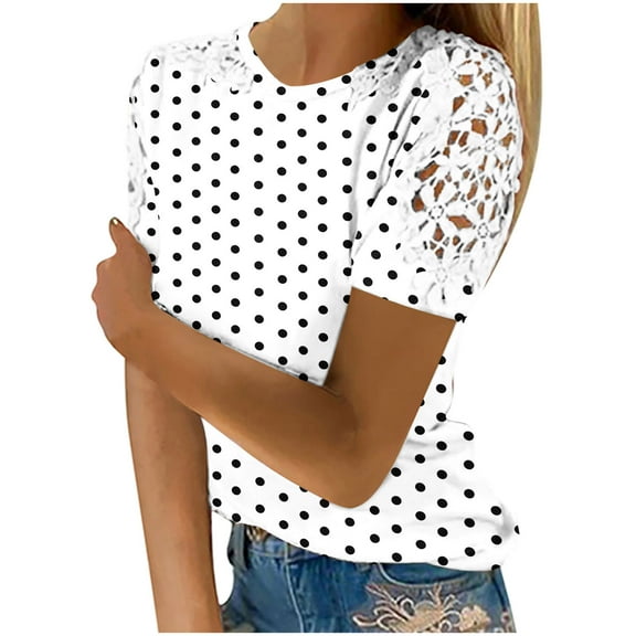 FRSASU Women's Polka Dot Shirts Cute Lace Crochet Patchwork Short Sleeve Blouses Elegant Dressy Crew Neck Tunic Top Summer White