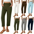 thumbnail image 1 of FRSASU Women's Pull on Imitation Cotton Linen Pants Summer Solid Color High Waisted Cropped Pants with Pockets White, 1 of 8