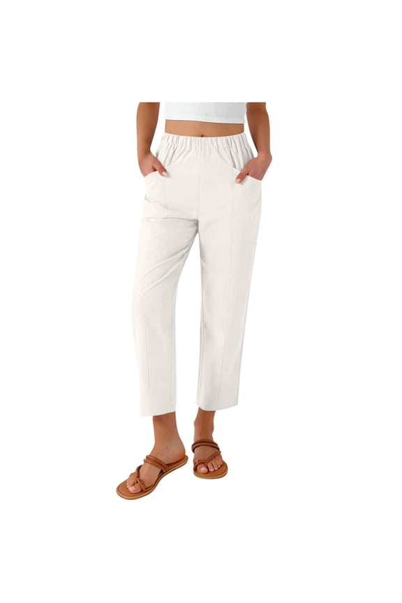 Women's Pull on Imitation Cotton Linen Pants Summer Solid Color High Waisted Cropped Pants with Pockets White